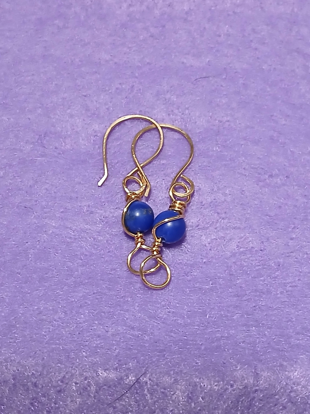 Gold Wire Earrings with Royal Blue Beads